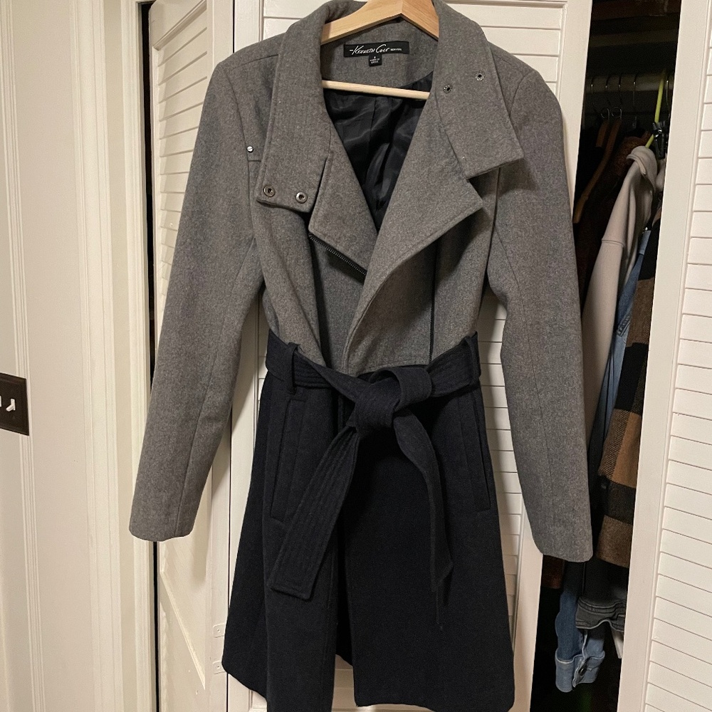 Kenneth Cole New York Asymmetric Color Block Belted Wool Trench Coat Size S